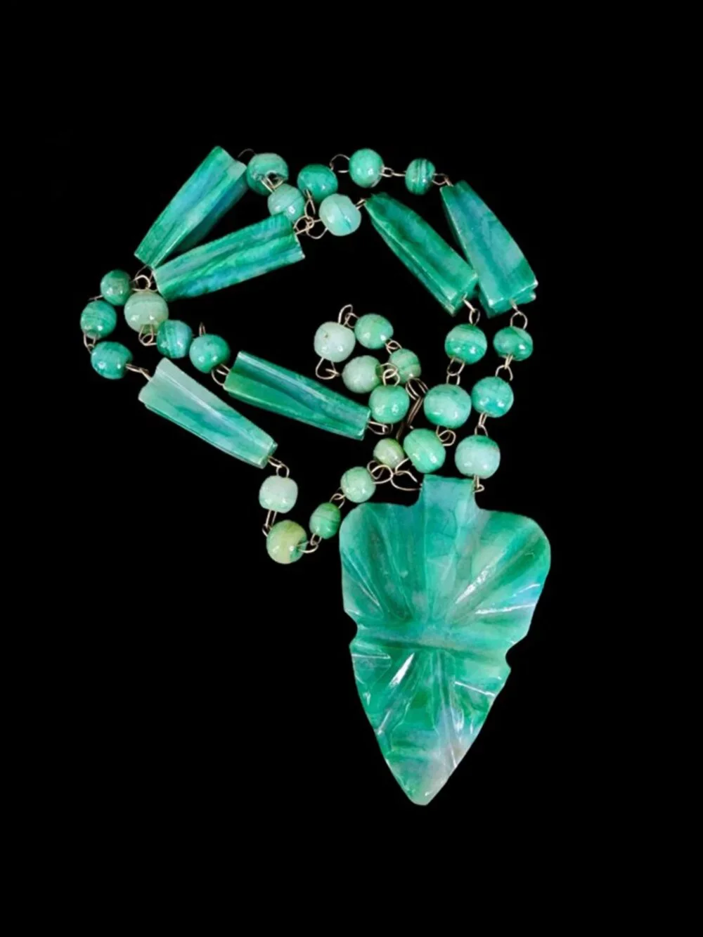 VTG 1950s Mid Century Mexican Green Onyx Aztec Warrior Mask Necklace 24”